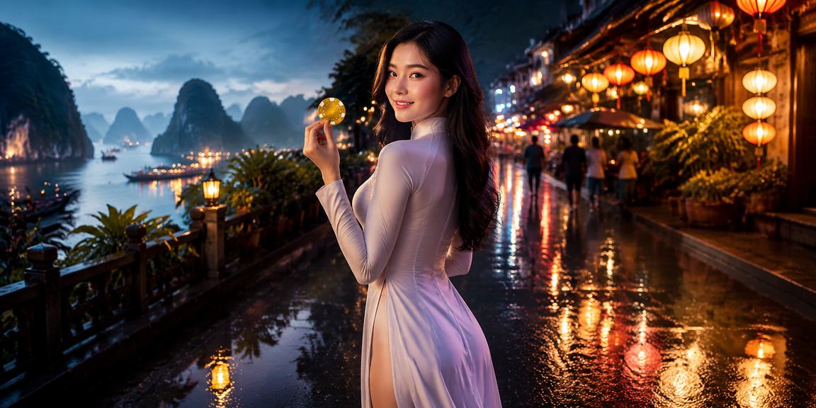 Khung cảnh chợ đêm Hạ Long Bay với ánh đèn rực rỡ gợi lên không khí giải trí sôi động
