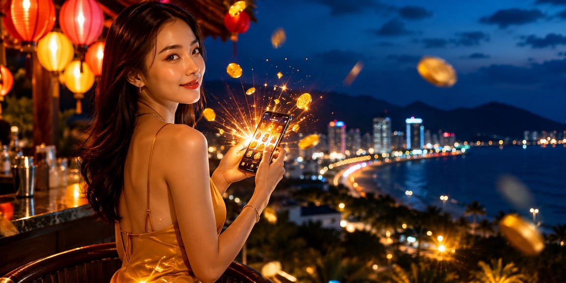 Người chơi thư giãn với slot game bên hàng đèn lồng đặc trưng của phố cổ Hội An về đêm